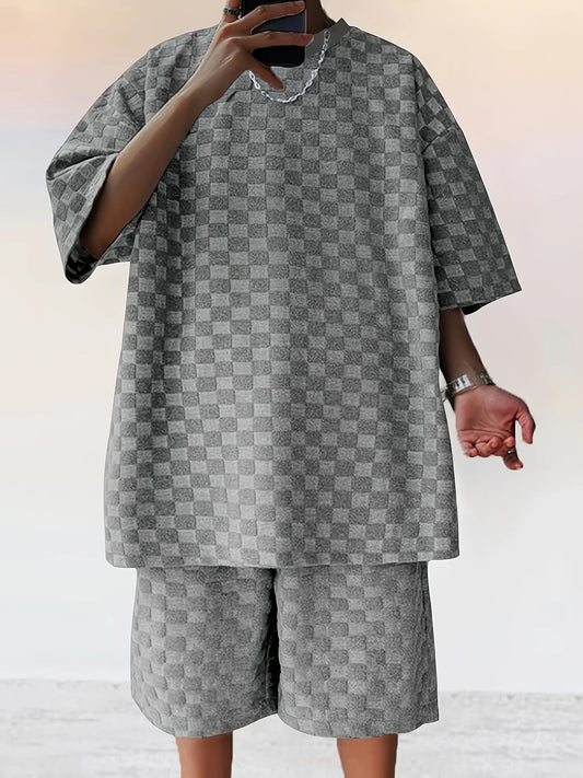 Men's Summer Jacquard Plaid Short Sleeve T-Shirt and Loose Straight Leg Casual Shorts Set