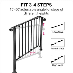 Redlife Handrails for Outdoor Steps Fit 2 to 4 Steps Wrought Iron Stair Railing for Concrete and Wooden Stairs