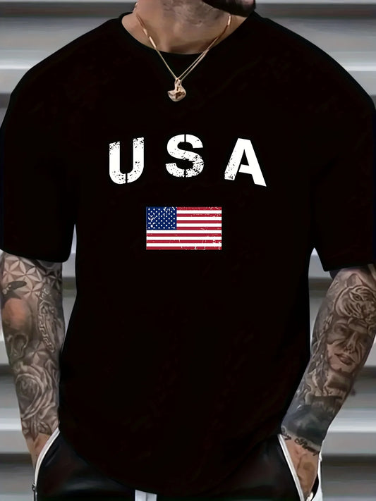 Men's American Flag USA Letter Print T-Shirt 100 Percent Cotton Crew Neck Short Sleeve Tee Casual Streetwear