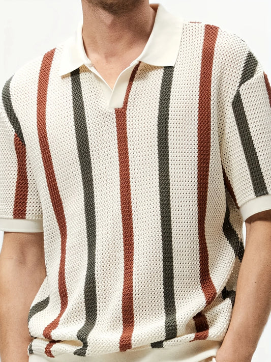 Men's Summer Chunky Knit Short Sleeve Polo Shirt With Stripes And Contrast Colors Casual Wear For Daily Outings
