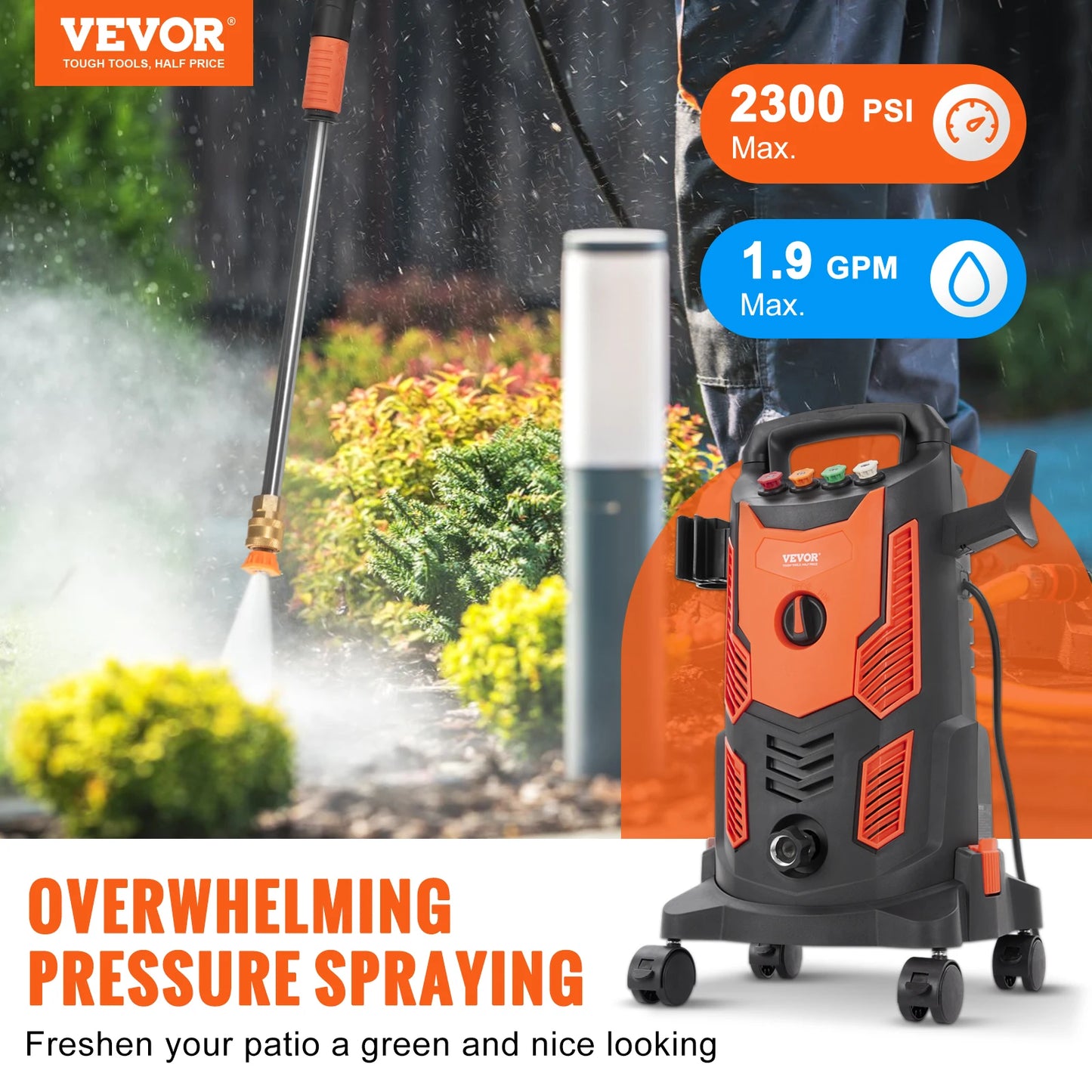 VEVOR Electric Pressure Washer Power Washer with Quick Connect Nozzles Foam Cannon and Retractable Handle for Portable Patio Cleaning