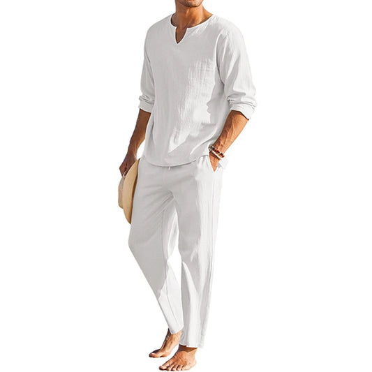 Men's Summer Cotton Linen Solid Color Long Sleeve Henley Shirt and Elastic Waist Drawstring Pants Two Piece Loungewear Set