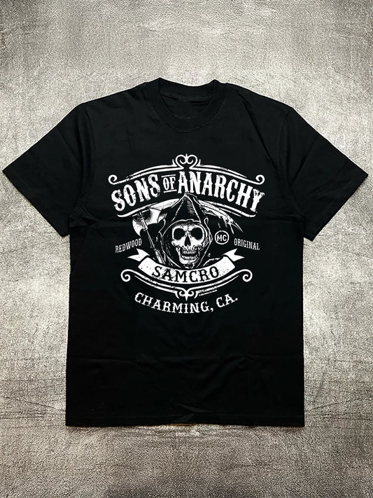 Black 200g Cotton Men's T-Shirt with Sons of Anarchy Logo Heat Transfer Print
