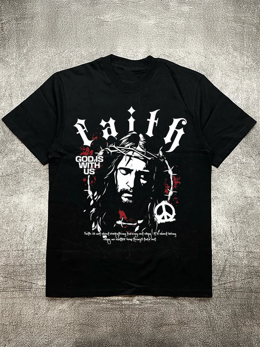 Faith Theme Jesus Pattern 200g Cotton Men's Black Short Sleeve T Shirt