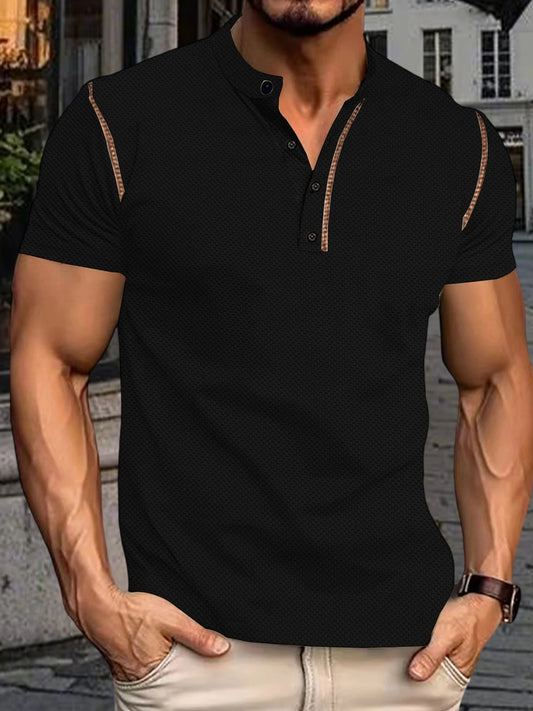 Men's Fit Henley Short Sleeve T-Shirt with Contrast Stitching Casual Summer Top for Streetwear Style