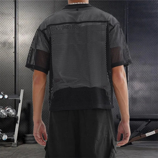 Men's Breathable Mesh Shirt with Bold Number Print Sheer Short Sleeves and Round Neckline for Casual Streetwear
