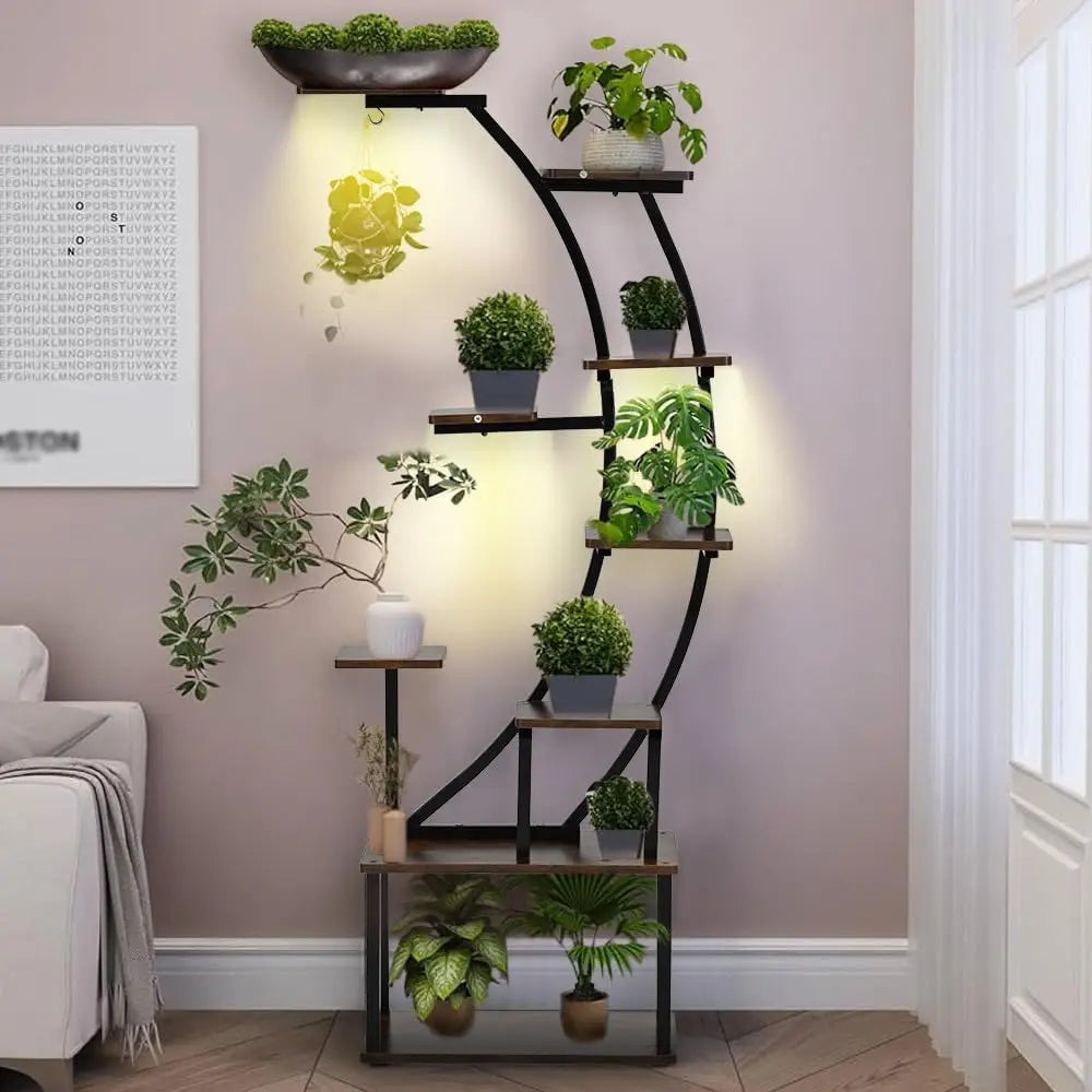 Black Plant Stand with Grow Light 9 Tiered Metal Shelf 60 Inch Black Holder Display Rack for Home Balcony