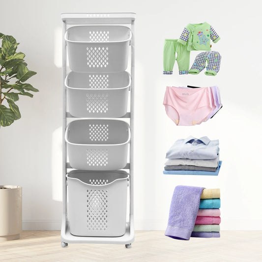 2 Tier 4 Tier Laundry Basket Cart Removable Storage Buckets Plastic Hamper with 4 Wheels White