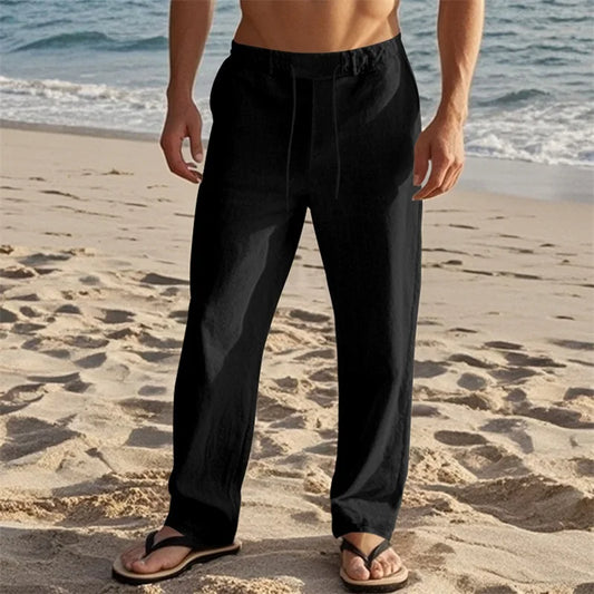 Men's Lightweight Drawstring Linen Pants with Pockets Comfortable Straight Leg Casual Trousers for Summer Beach Wear