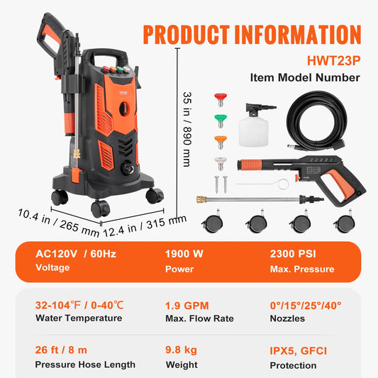 VEVOR Electric Pressure Washer Power Washer with Quick Connect Nozzles Foam Cannon and Retractable Handle for Portable Patio Cleaning