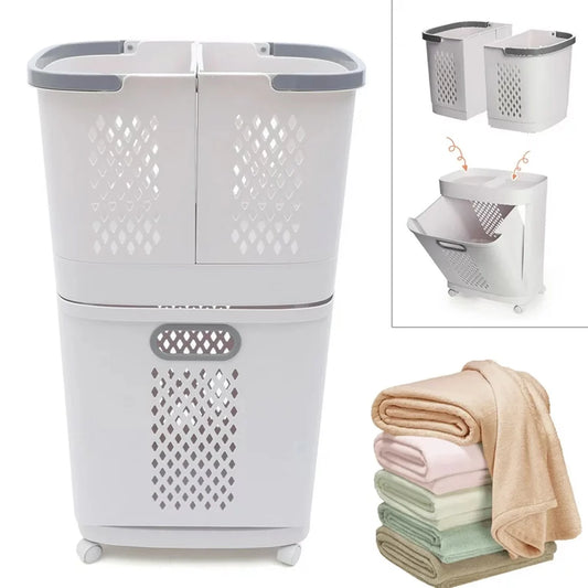 Removable Household Laundry Basket with Wheels 2 Tier Rolling Hamper Eco-Friendly Classic Style
