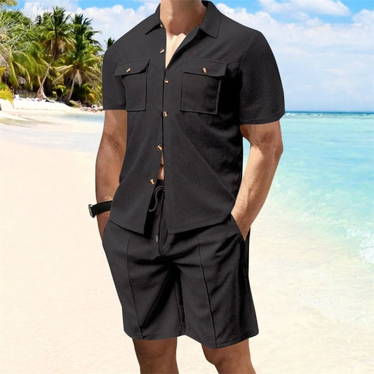 Casual Men's Summer Set Stylish Short Sleeve Button Up Shirt and Comfortable Elastic Waist Shorts in Solid Colors for Beach
