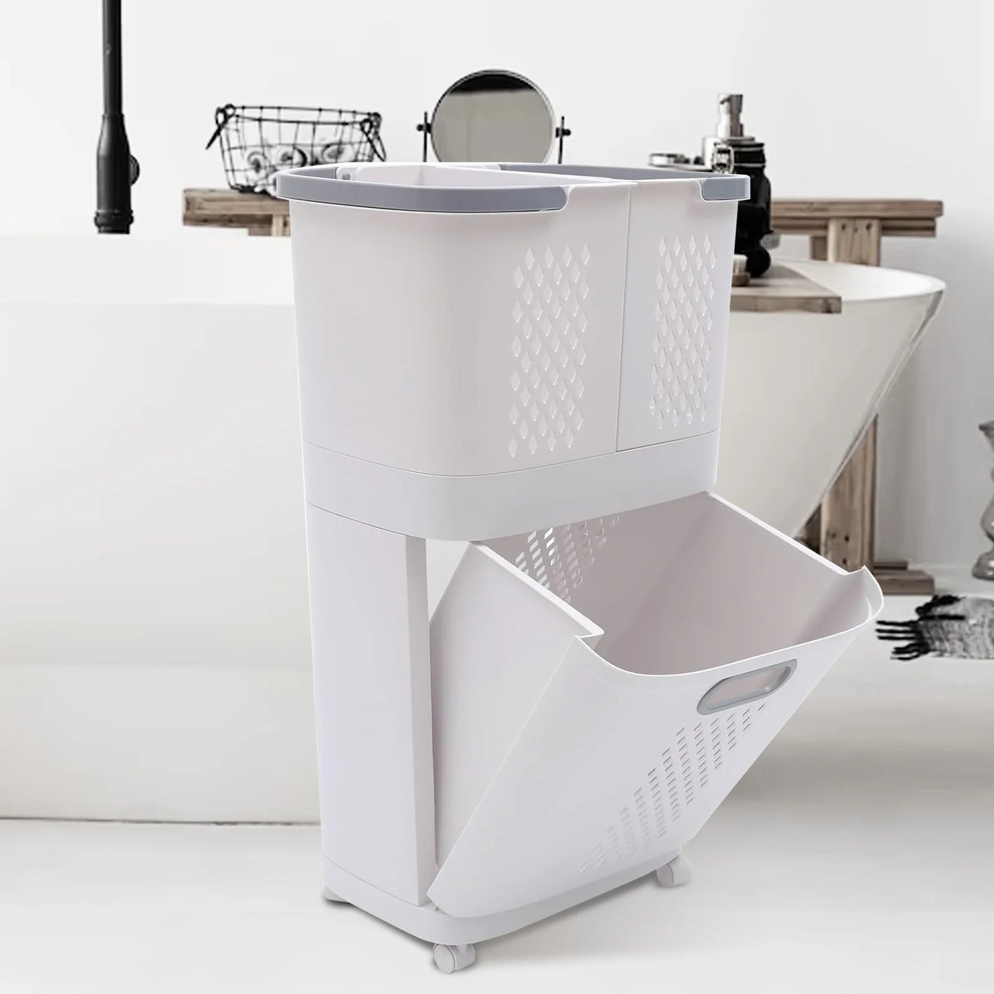 Removable Household Laundry Basket with Wheels 2 Tier Rolling Hamper Eco-Friendly Classic Style