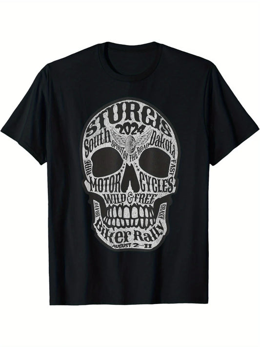 Sturgis 2024 Skull Graphic Tee Men's Breathable Cotton Short Sleeve T-Shirt Casual Wear
