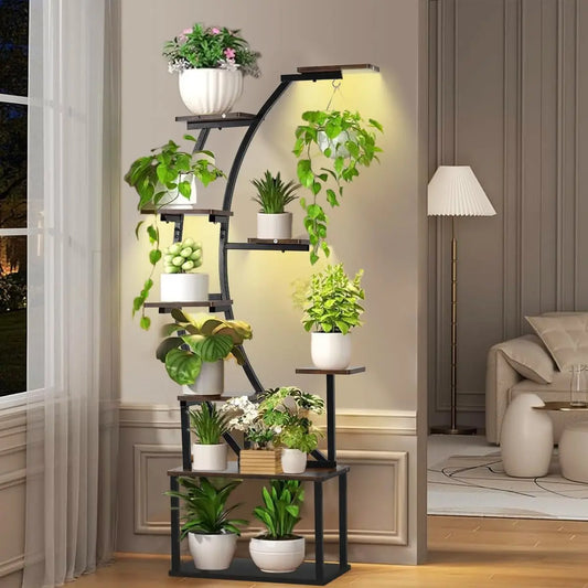 Black Plant Stand with Grow Light 9 Tiered Metal Shelf 60 Inch Black Holder Display Rack for Home Balcony