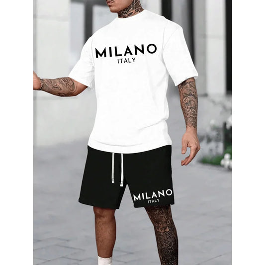 Milano Italy Letter Print Men's Two-Piece Set Casual Round Neck Short Sleeve T Shirt and Pocket Drawstring Shorts