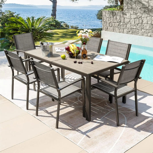7 Piece Patio Dining Set Outdoor Furniture with Weather Resistant Table and 6 Stackable Textilene Chairs for Garden