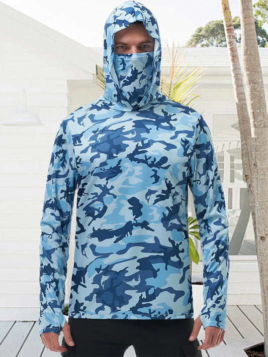 Men's Camo Print Fishing Hoodie with Built-in Face Mask for Sun Protection and Outdoor Activities